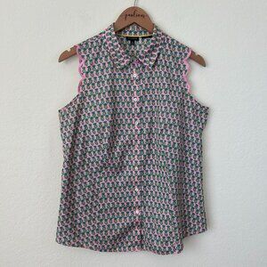 Talbots Top Womens 10 Pink Scallop Dancing Pineapple Print Non-Iron Shirt
